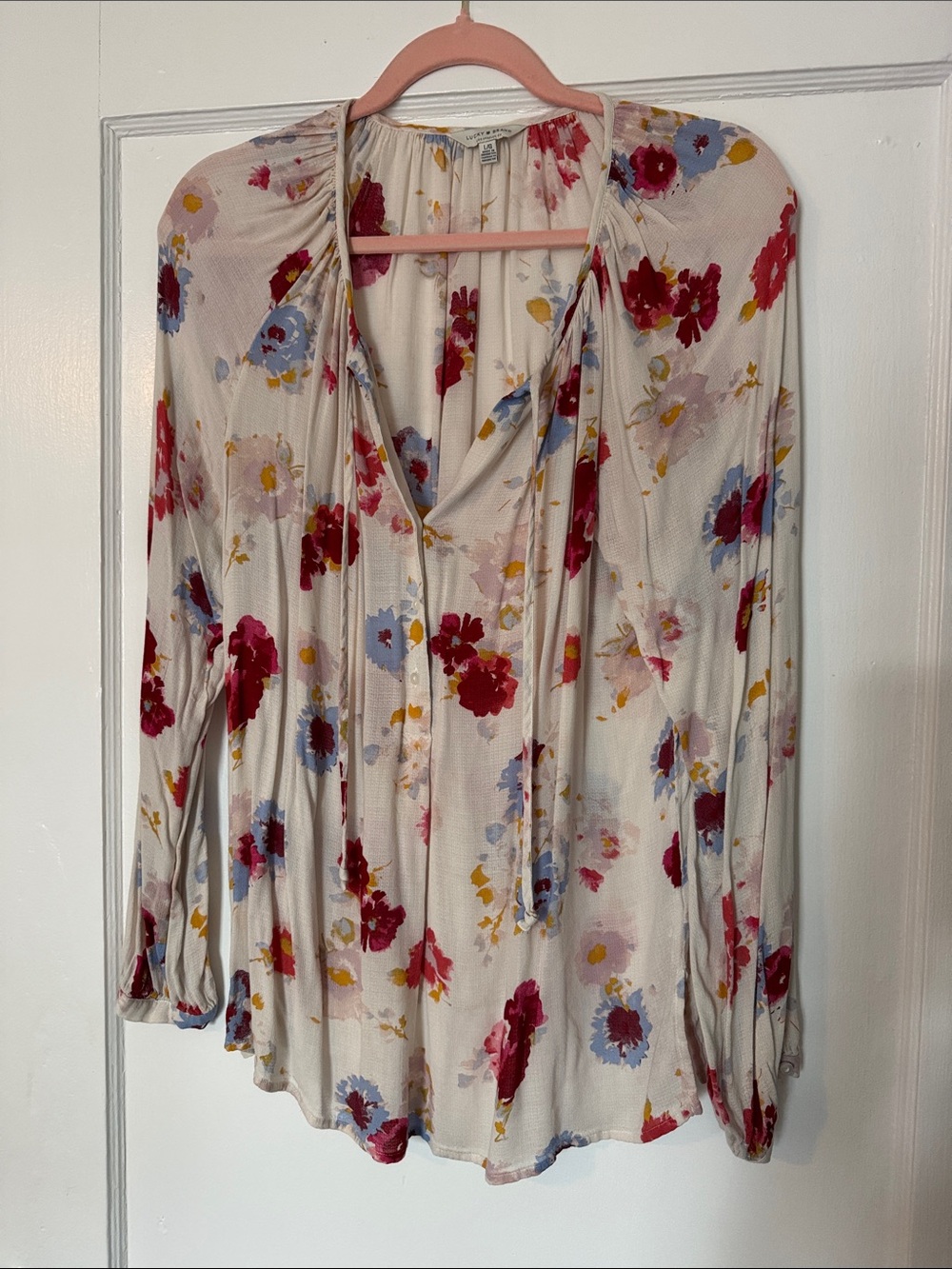 Lucky Brand Cream Floral Tie-Neck Blouse with Red & Blue Blooms